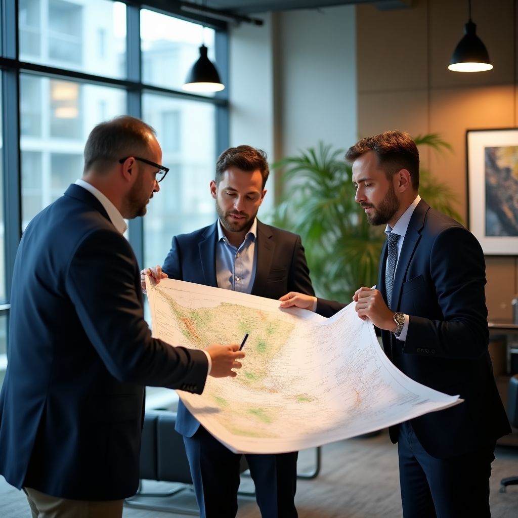 Equipo de inversión petrolera analizando mapas de yacimientos en Argentina